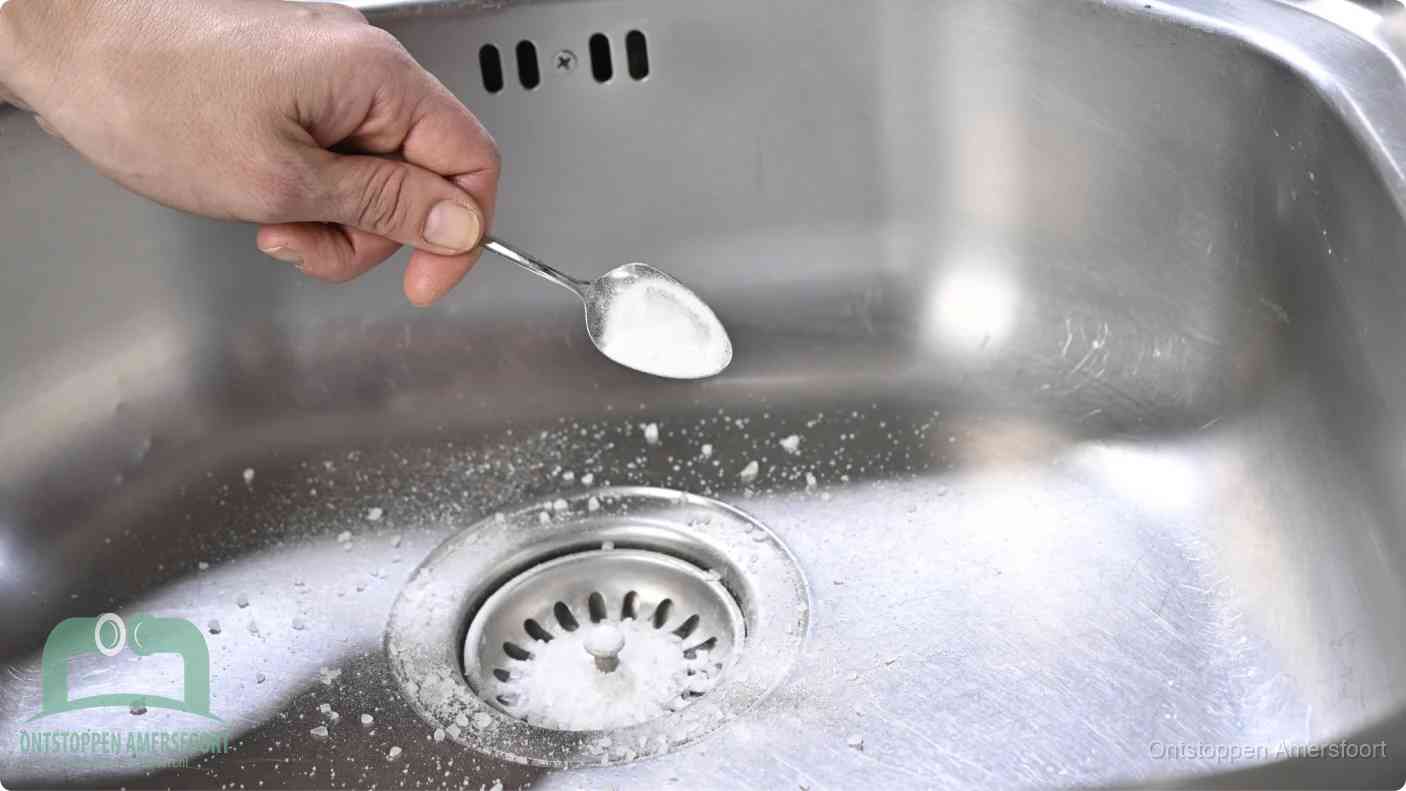 Een hand strooit met een lepel soda in de afvoer van een roestvrijstalen spoelbak, de soda en azijn huismiddel-methode om de afvoer te ontstoppen in Amersfoort