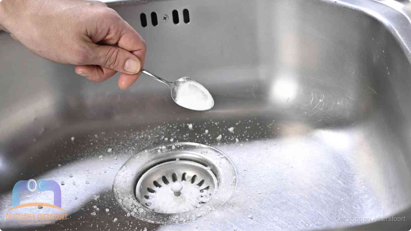 Een hand strooit met een lepel soda in een afvoerputje, de soda en azijn huismiddel-methode om de wc te ontstoppen in Amersfoort